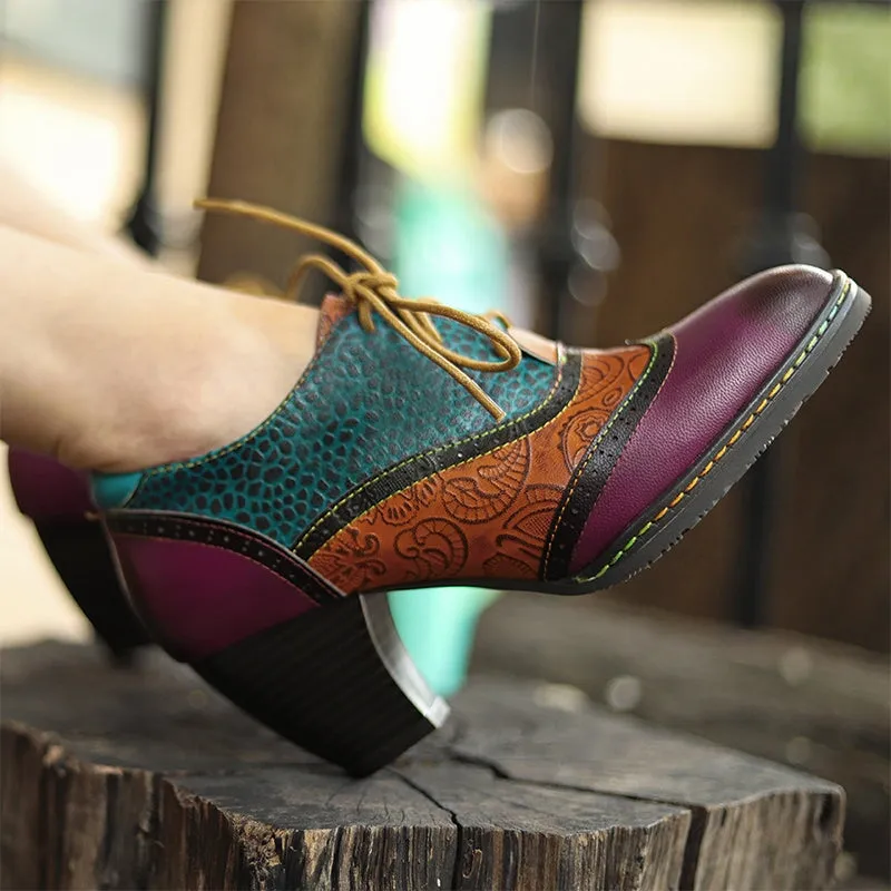 Women Fashion High Heel Oxfords Printing Leather Lace-Up Brogue Shoes in Purple