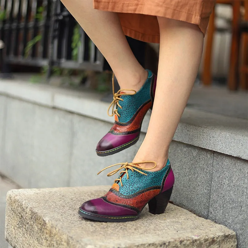 Women Fashion High Heel Oxfords Printing Leather Lace-Up Brogue Shoes in Purple