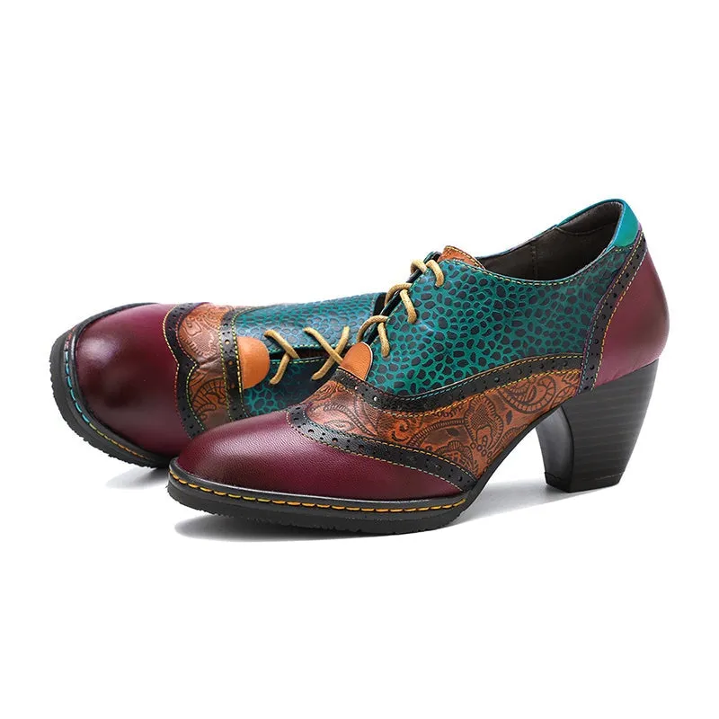 Women Fashion High Heel Oxfords Printing Leather Lace-Up Brogue Shoes in Purple