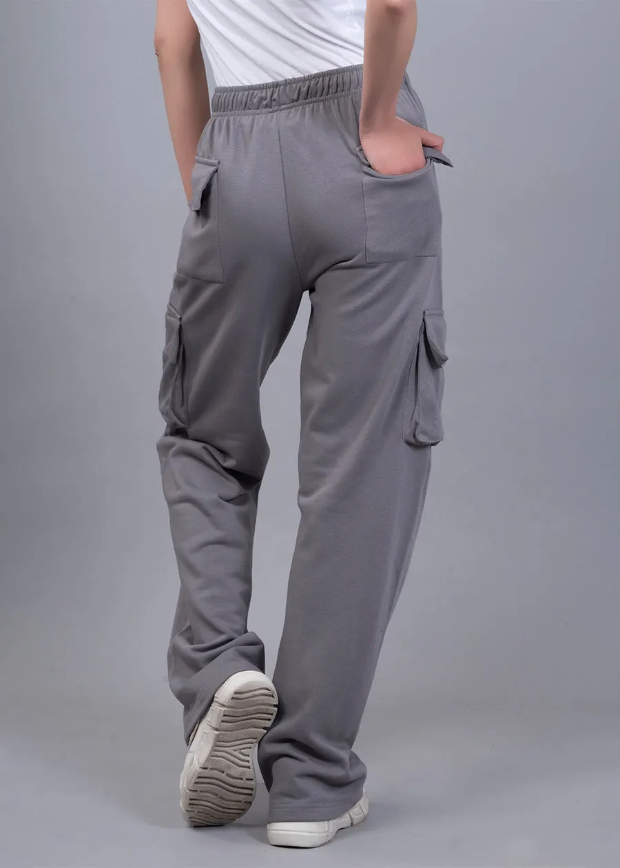 Women Premium Terry Cargo Pants - Ash Grey