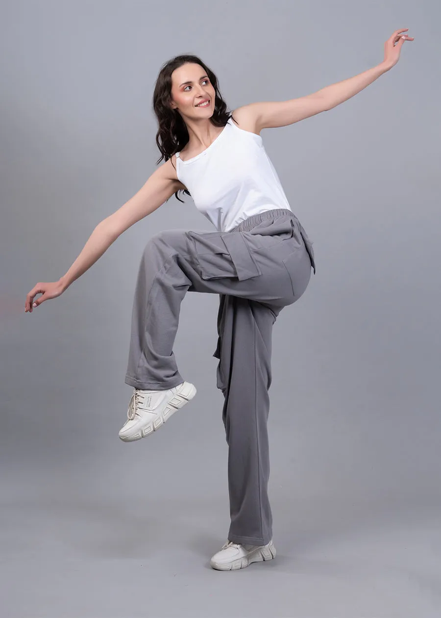 Women Premium Terry Cargo Pants - Ash Grey