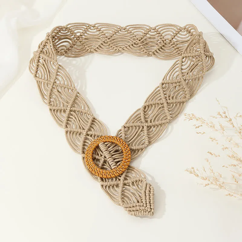 Women's Khaki Boho Braided Wooden Buckle Belt