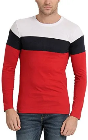 Zsolt Full sleeve Tri-color round neck Men's T-shirt (Medium, Red)