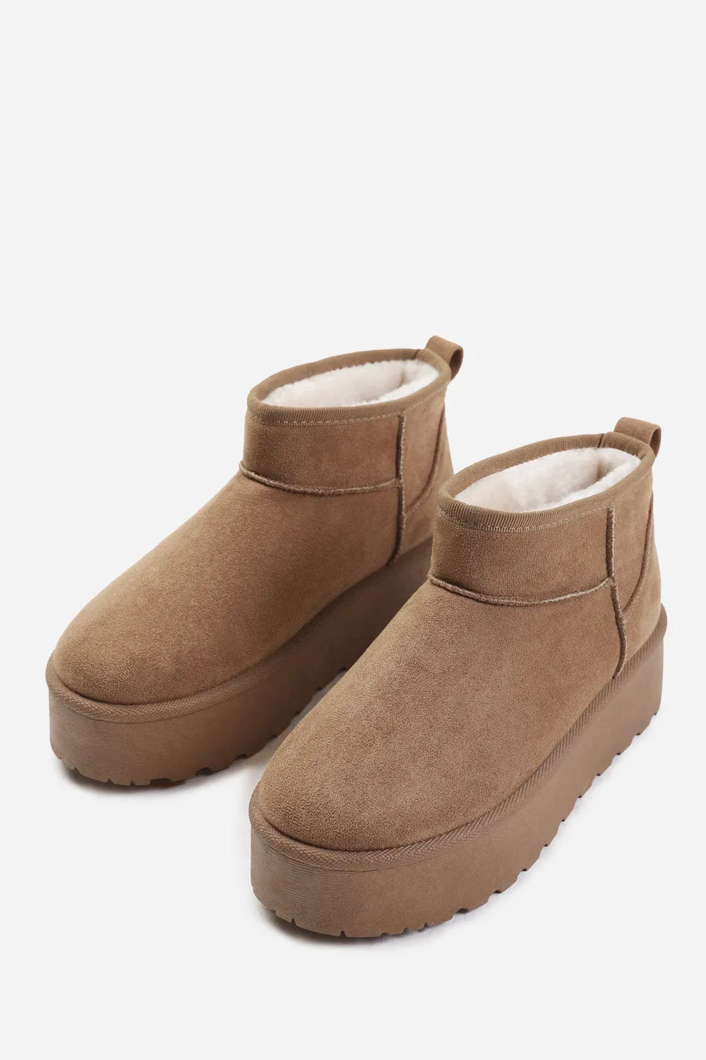 ZYLA FLATFORM FUR LINING ANKLE BOOT IN CAMEL SUEDE